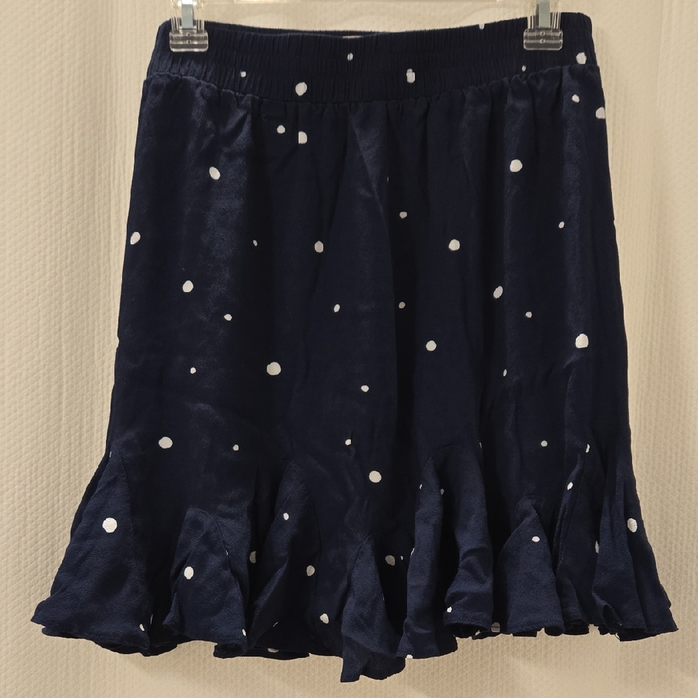 LOFT Dark Blue A-Line Skirt with White Polka Dots